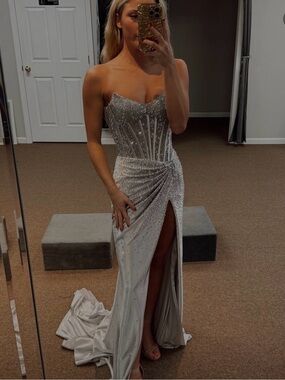 Strapless Silver Crystal-Embellished Evening Dress with High Slit